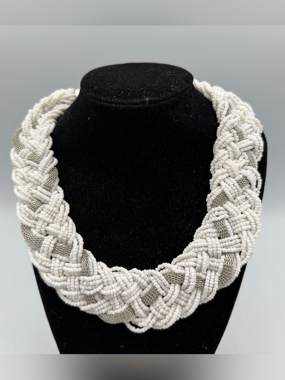 Vintage White Seed Bead Braided Statement Necklace